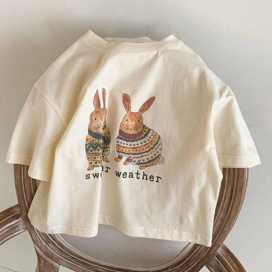 Adorable 2025 Summer Rabbit & Flower Print T-Shirt for Kids | Korean Style Cute Baby Girl Tops