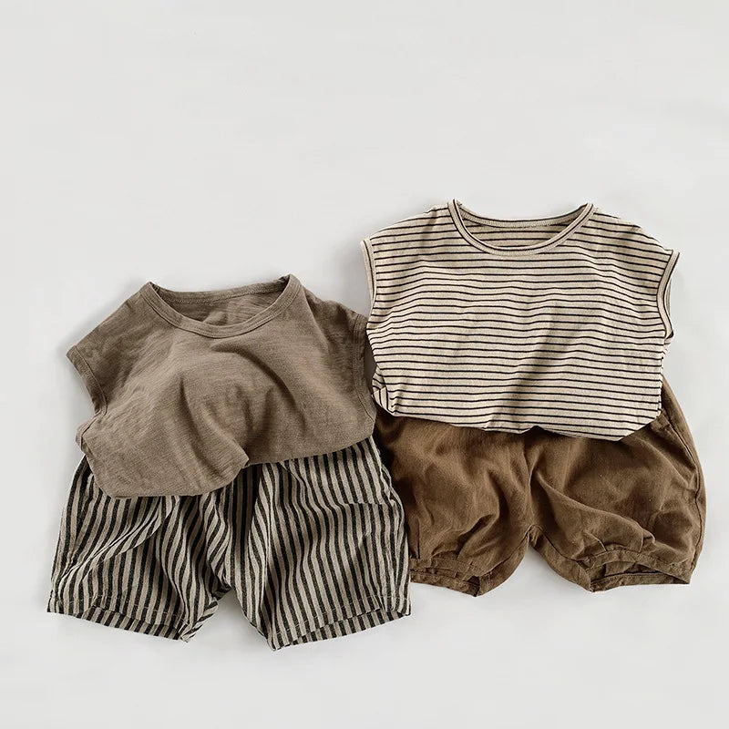 Adorable Korean Fashion Slub Cotton T-Shirts for Kids | Summer Striped Tank Tops for Toddlers & Babies (4-7Y)