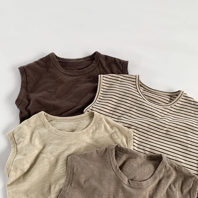 Adorable Korean Fashion Slub Cotton T-Shirts for Kids | Summer Striped Tank Tops for Toddlers & Babies (4-7Y)