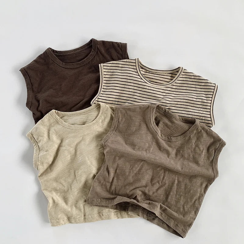 Adorable Korean Fashion Slub Cotton T-Shirts for Kids | Summer Striped Tank Tops for Toddlers & Babies (4-7Y)