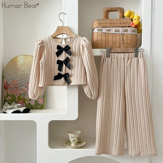 Adorable Korean Style Girls' Brogue Top & Pants Set | Cozy Long Sleeve Toddler Outfit for Autumn Fun