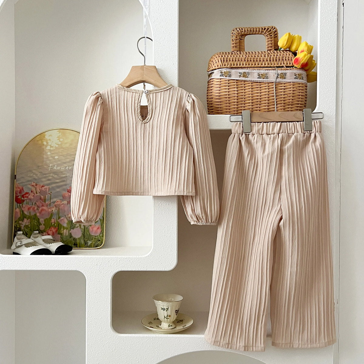 Adorable Korean Style Girls' Brogue Top & Pants Set | Cozy Long Sleeve Toddler Outfit for Autumn Fun