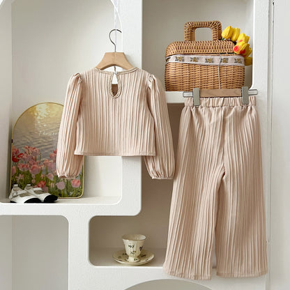 Adorable Korean Style Girls' Brogue Top & Pants Set | Cozy Long Sleeve Toddler Outfit for Autumn Fun