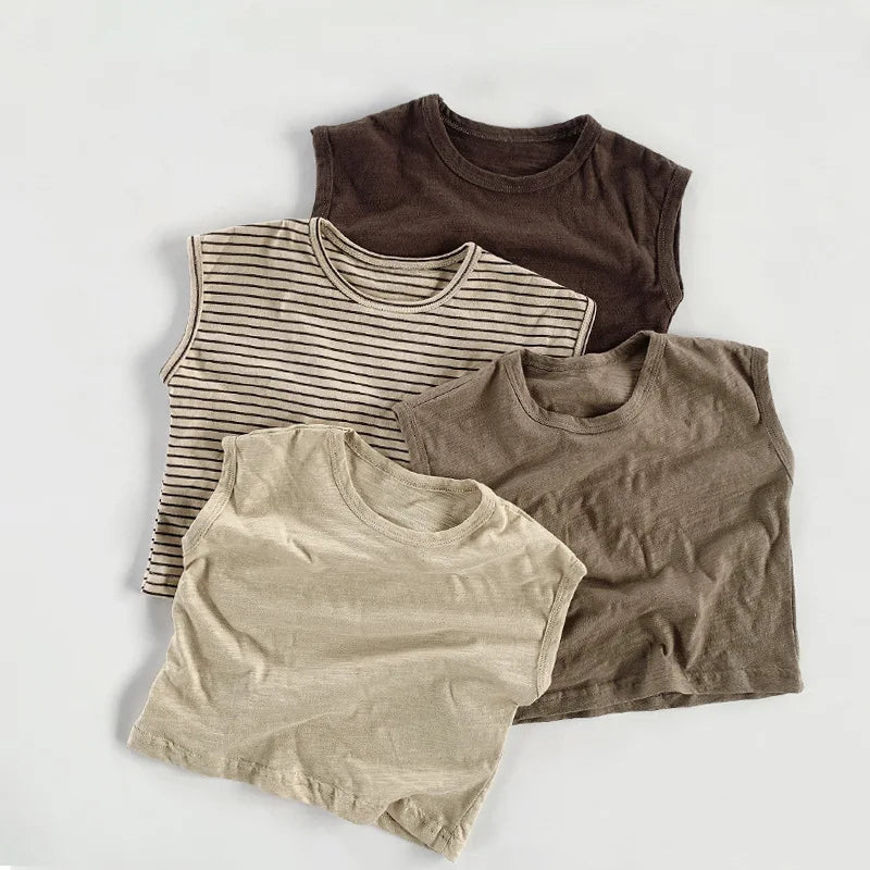 Adorable Korean Fashion Slub Cotton T-Shirts for Kids | Summer Striped Tank Tops for Toddlers & Babies (4-7Y)