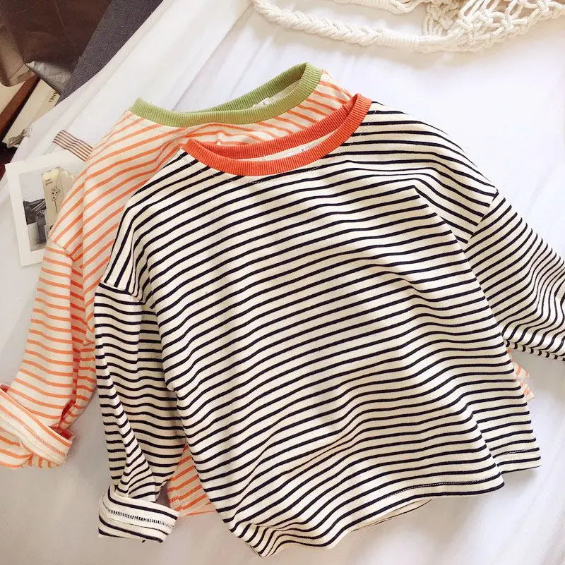 Cozy Cotton Striped Long Sleeve T-Shirt for Boys & Girls | Spring/Autumn Kids Casual Versatile Base Layer